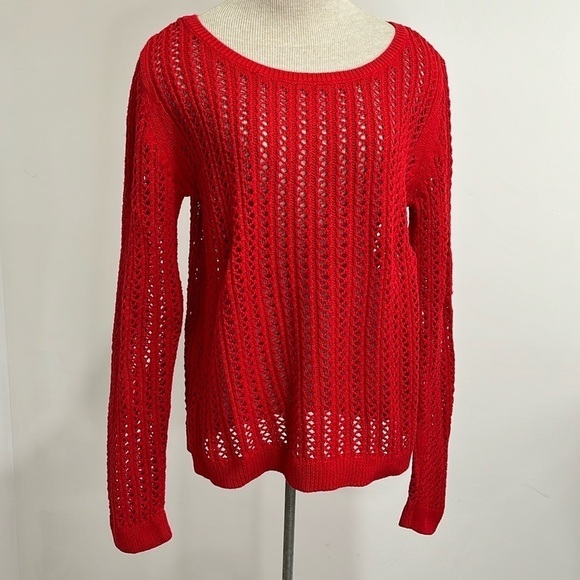 A.N.A Open Knit Red Sweater Women's Size XL Scoop Neck Long Sleeves Cotton Blend - Picture 2 of 12